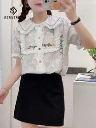 Women's Blouses Spring Cotton Embroidery Shirt Women Lapel Short Sleeve Versatile Tops Girl Literature Sweet 2024 Autumn T44555QC