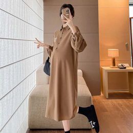 Maternity Dresses Autumn Fashion Pregnant Woman Loose Dress Long Sleeve Turn-down Collar Letters Embroidery Maternity Dresses Pregnancy Clothes