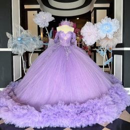 Lavender Off The Shoulder Beading Crystal Quinceanera Dresses Ball Gown Appliques Lace Beads Tull Sweet 15 Vestidos De XV Anos