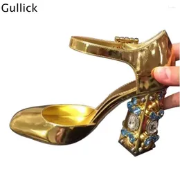 Dress Shoes Gullick 2024 Fashion Luxury Crystal Decor High Chunky Heels Women Golden Sliver Pumps Party Wedding Sweet Style