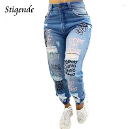 Women's Jeans Stigende Sexy Ripped Letter Print Women Hollow Out Hip Hop Denim Pants Casual Shredded Slim Fit Pencil Trousers Streetwear