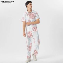 Sweaters 2023 Men Jumpsuits Flower Printing Lapel Short Sleeve Rompers Loose Button Down Streetwear Casual Male Overalls S5XL INCERUN