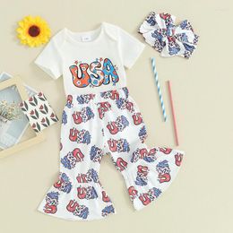 Clothing Sets BULINGNA Infant Baby Girl 4th Of July Outfit Short Sleeve Letter Print Romper Cow Floral Flare Pants Western Cowgirl Clothes