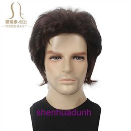 Handsome natural curl Brown mens wig fashion short straight hair oblique bangs cover