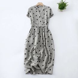 Cotton and Linen Dot V-neck Short-sleeved dress Womens Summer Korean Style Loose plus size Elegant Casual 240425