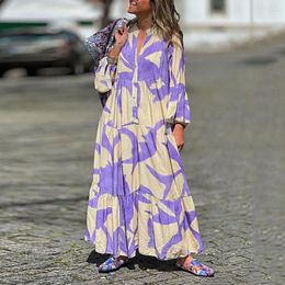 Casual Dresses Summer 2024 Women Dress Printed Pleated Patchwork Long Horn Sleeve Half Single-breasted Oversized Bohemian Maxi