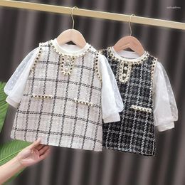 Girl Dresses 2024 Cute Baby Girls Spring Autumn Puff Sleeve Kids Princess Clothes Plaid Vest Dress T-shirt Two Piece Set 0-4 Years