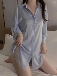 Casual Dresses Classic Striped Satin Boyfriend Style Shirt Sexy Loose Dress Elegant Fashion Sweet Korean Women 2024 Tops LGY8