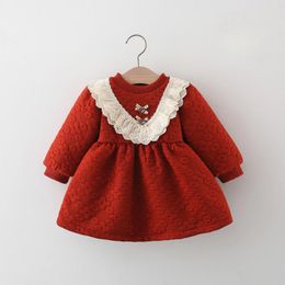 Girl Dresses Winter 2024 Girls Double Lace Bow Long Sleeve Dress For Thickened Tops