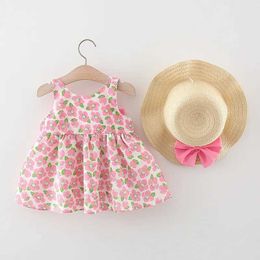 Girl's Dresses Summer girls dress str hat two-piece set baby girl full of cartoon peach blossom big bow suspender princess skirt