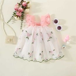 Girl's Dresses Girls Dress Summer Baby Girl Full of Small Flowers Embroidered Mesh Spliced Small Flying Sleeves Top Princess Dress