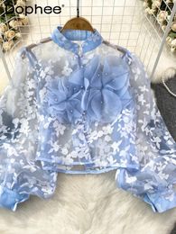 Women's Blouses Vintage Court Style3D Flower Lantern Long Sleeve Stand Collar Single-Breasted Organza Shirt 2024 Spring Summer Women Tops