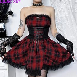 Casual Dresses Y2K Vintage Red Plaid Lace Trim Strapless Party Sexy Goth Lace-up A-Line Elastic Bodycon Mini Dress Women Summer Fashion