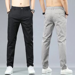 Spring Summer Cotton Men Casual Pants Elastic Waist Business Korean Fashion Straight Classic Solid Colour Trousers Black Khaki 240422