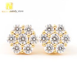 Ready to ship flower shape 10K solid gold with moissanite diamond vvs mens earrings gold stud earrings
