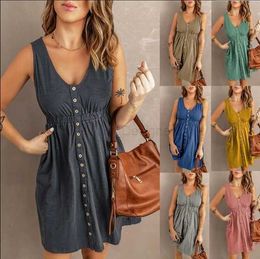 Urban Sexy Dresses 2023 Womens Dresses Casual Sleless Button Down Elastic Waist Swing Loose Plain Solid Color Short Tank Tops Dresses Bohemian d240427