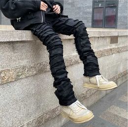 Men's Jeans Heavy industrial perforated and waxed jeans mens street retro straight tear pencil pants oversized denim Q240427
