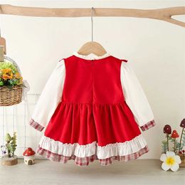 Girl's Dresses Spring and autumn girls bow and plaid patchwork princess skirt with lace at the hem princess long sleeved dress