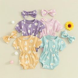 Rompers Baby Girls Daisy Print Short Sleeve Round Neck Infant Bodysuits Summer Clothes With Headband