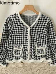 Women's Knits Kimotimo Houndstooth Short Knit Cardigan Women 2024 Autumn Fashion Long Sleeve Rough Edge Coat French Retro V Neck Loose