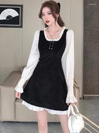 Casual Dresses 2024 Black Corduroy Patchwork Chic Ruffled Mini Dress Autumn Winter Korean Vintage Party Women Elegant Bodycon Night