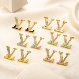 Brand Designers 20style Gold Sier Plated Letters Stud Earrings Geometric Famous Women Inlay Crystal Rhinestone Earring Wedding Party Jewerlry