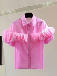 Women's Blouses Summer 2024 Elegant Blouse Women Design 3D Flower Petals Patchwork Thin Solid Shirt Top Female Pink White Short Sleeve 44912