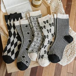 Women Socks Autumn And Winter Cotton National Wind Black Series Ladies Stockings Houndstooth Wild Ins Trend