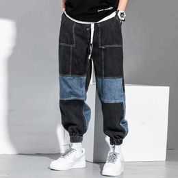 Men's Jeans Mens hip-hop Colour matching pants loose and lightweight harem autumn mens patch work black jeans oversized denim Q240427