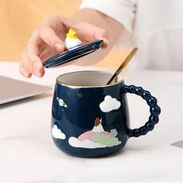 Mugs Ceramic Cartoon Coffee Mug With Lid And Spoon Cute Breakfast Milk Porcelain Drinking Water Cup Office Teacup Drinkware 430ML