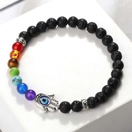 Beaded 6mm 7 Chakra Bead Bracelet Lucky Evil Eye Fatima Womens and Mens Natural Molten Rock Agate Prayer Jewellery