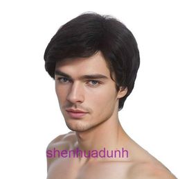 High temperature silk wig mens black short hair partial split synthetic business style