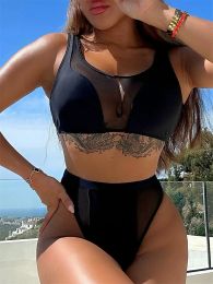 Set Sexy Black Mesh Bikinis Set Swimwear Women High Waist Swimsuit High Leg Cut Bathing Suit Brazilian Bikini Mujer Beachwear Swim