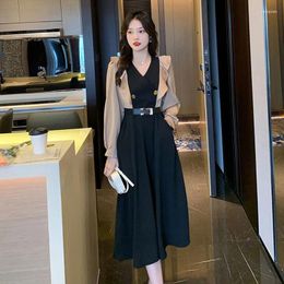 Casual Dresses Retro Fashion Of Fund 2024 Autumn Splicing Bump Color Temperament Drape Long-sleeved With Belt Dress