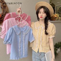 Women's Blouses All-Match Lolita Shirt Japanese Cute Doll Collar Puff Sleeve Plaid Blouse Women Preppy Style Sweet Lace Splicing Loose