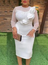 Casual Dresses Classy Women White Midi Bodycon Dress Beads Sheer Long Sleeve Sweetheart Ruffles Peplum For Wedding Guest Party Birthday