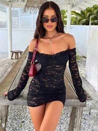 Casual Dresses Townlike Perspective Lace Sexy Party Dress Women Off Shoulder Mini 2024 Autumn Winter Slim Bodycon Vestidos