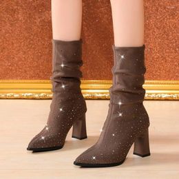 Casual Shoes 2024 Autumn And Winter Party Short Boots Are Thin Sexy Pointed High Heels Shiny Rhinestone Fashion Women