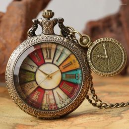 Pocket Watches Vintage Bronze Watch Necklace Gift Men Women Colourful Roman Numeral Dial With Label Pendant Quartz Clock