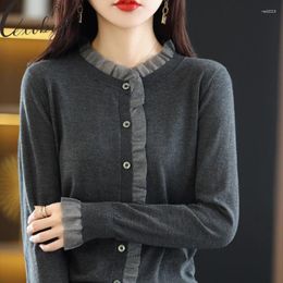 Women's Sweaters Mesh Lace Patchwork Sweater Women Elegant Round Neck Button Knitted Pullover All-Match Autumn Winter Bottoming Knitwear Top