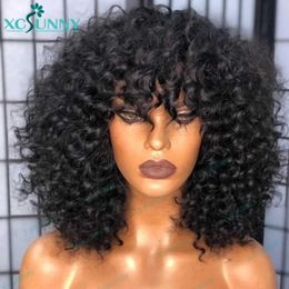 Synthetic Wigs Human hair curly Bob wig with bangs 200 density glueless fully machine made loose Brazilian Remi suitable for womens XCSUNNY Q240427