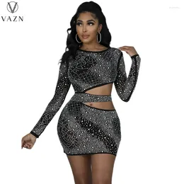 Casual Dresses VAZN Hollow Out Long Sleeve Round Neck Dress Pure Colour Mini Short 2024 Women Sexy Club Party Style