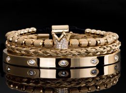 Luxury Cz Crown Roman Royal Charm Man Bracelet Stainless Steel Crystal Couple Handmade Jewelry Gold Cuff Bangle Bracelets Pink6110397