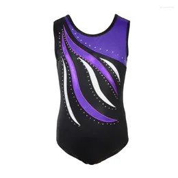 Stage Wear Purple Ballet Dance Leotard Gymnastics Dancewear Jumpsuit For Girl Kid Sleeveless Shiny Rhinestone Metallic Ice Skating Bodysuit