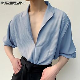 Men's Casual Shirts Handsome Well Fitting Tops INCERUN Solid Simple Texture Streetwear Male Lapel Long Sleeved Blouse S-5XL 2024