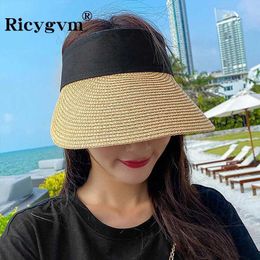 Wide Brim Hats Bucket Fashionable womens straw hat black patchwork hair loop summer outdoor beach sun protection large empty top Q240427