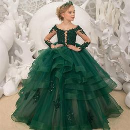 Gorgeous Green Flower Girl Dresses Scoop Neck Appliqued Beaded Long Sleeves Girl Pageant Gowns Ruffle Tiered Sweep Train Birthday 2738