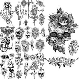 Tattoo Transfer Skeleton Skull Temporary Tattoos For Women Adults Realistic Wolf Snake Rose Flower Feather Fake Tattoo Sticker Back Tatoos Body 240427