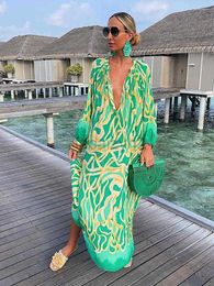 Women Vintage Maxi Dresses Summer Sexy Deep V-Neck Long Sleeve Boho Print Long Dresses Female Beach Cover Up Elegant Robe S63D2