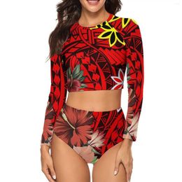 Women's Swimwear Bikini Art Print High-Waisted Set Hawaiian Vacation Beach Party Custom Polynesian Summer Long Sleeves